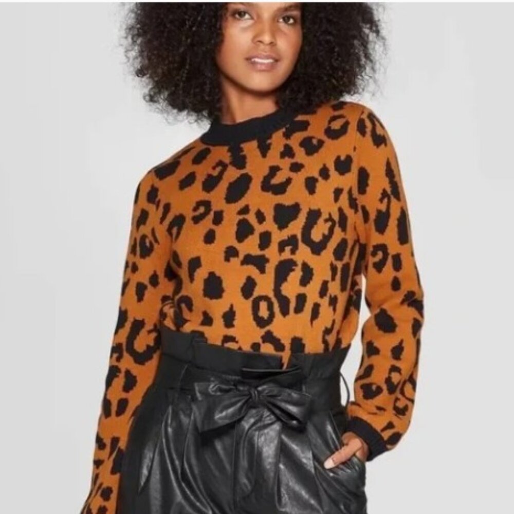 WHO WHAT WEAR Leopard-Print Crewneck Sweater - Size Large